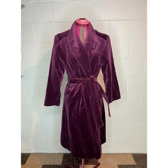 Velvet coat robe open front sash belt maroon wine  1970s - Picture 1 of 11
